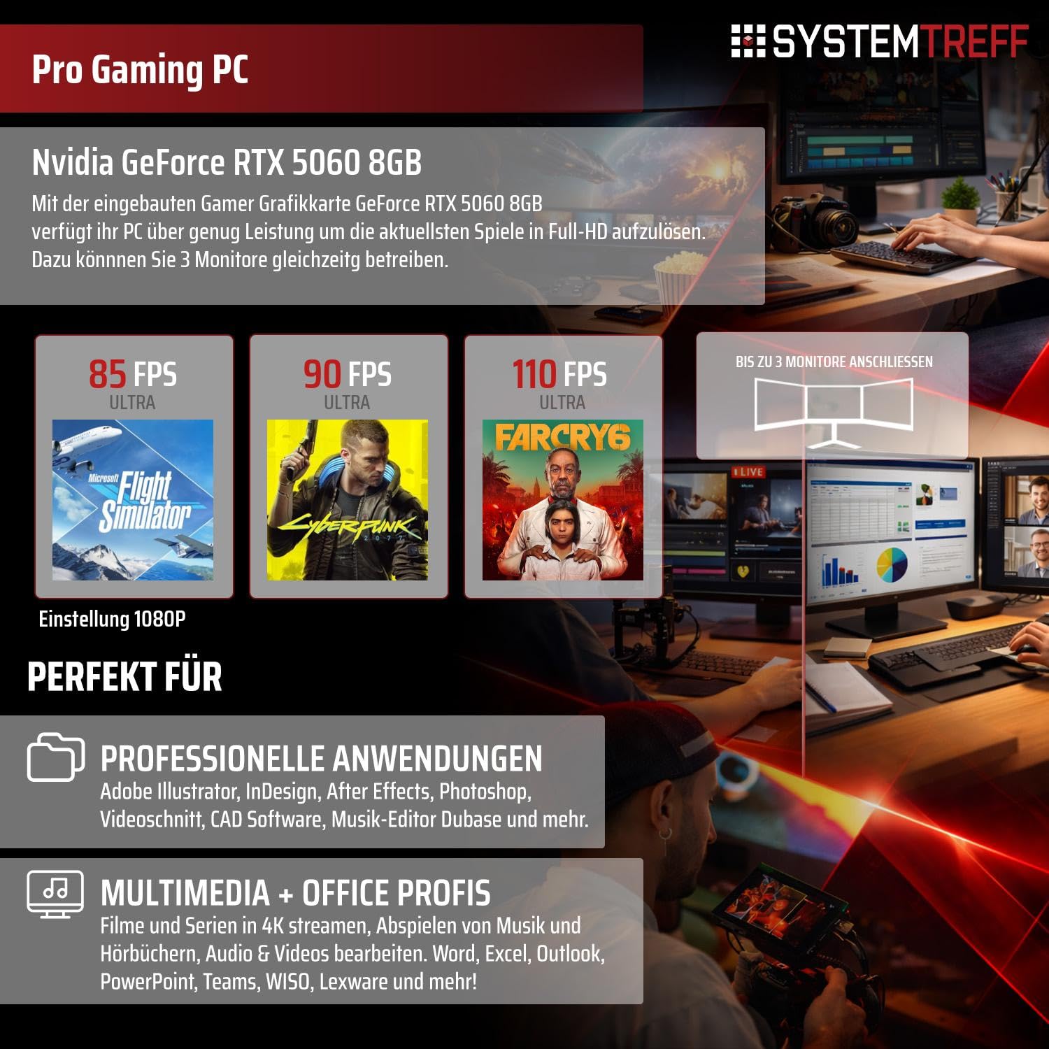 SYSTEMTREFF Gaming PC AMD Ryzen 7 5700X 8x4.6GHz | Nvidia RTX 5060 8GB DX12 | 1TB M.2 NVMe | 32GB DDR4 RAM | Windows 11 | WLAN Desktop Computer Rechner für Gamer, Zocker & Streamer