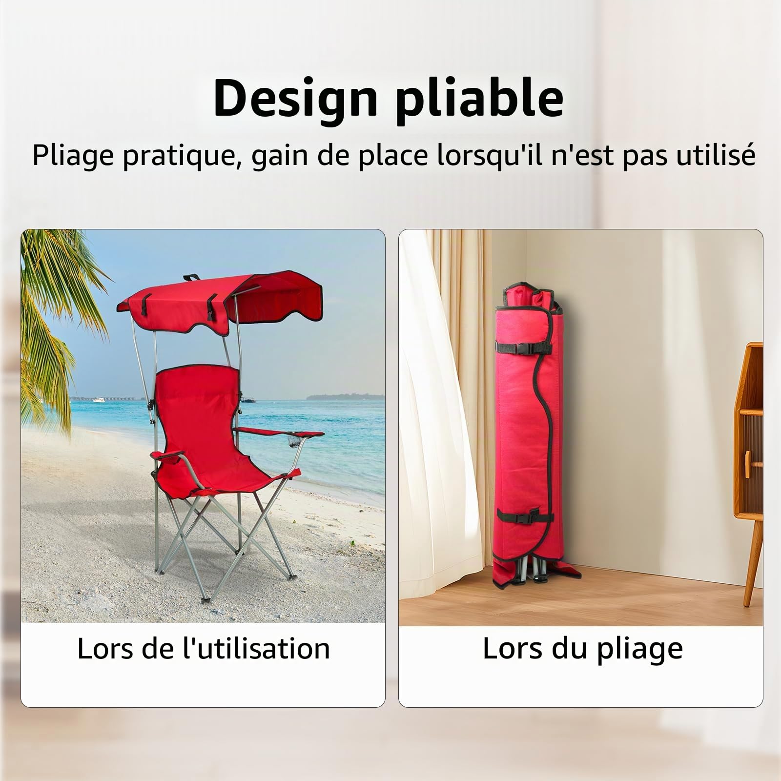 Kedia Chaise de Camping Pliante avec Toit Parasol, Porte-Boisson, Chaise de Pêche pour Camping Pêche Excursion Plage (Rouge)