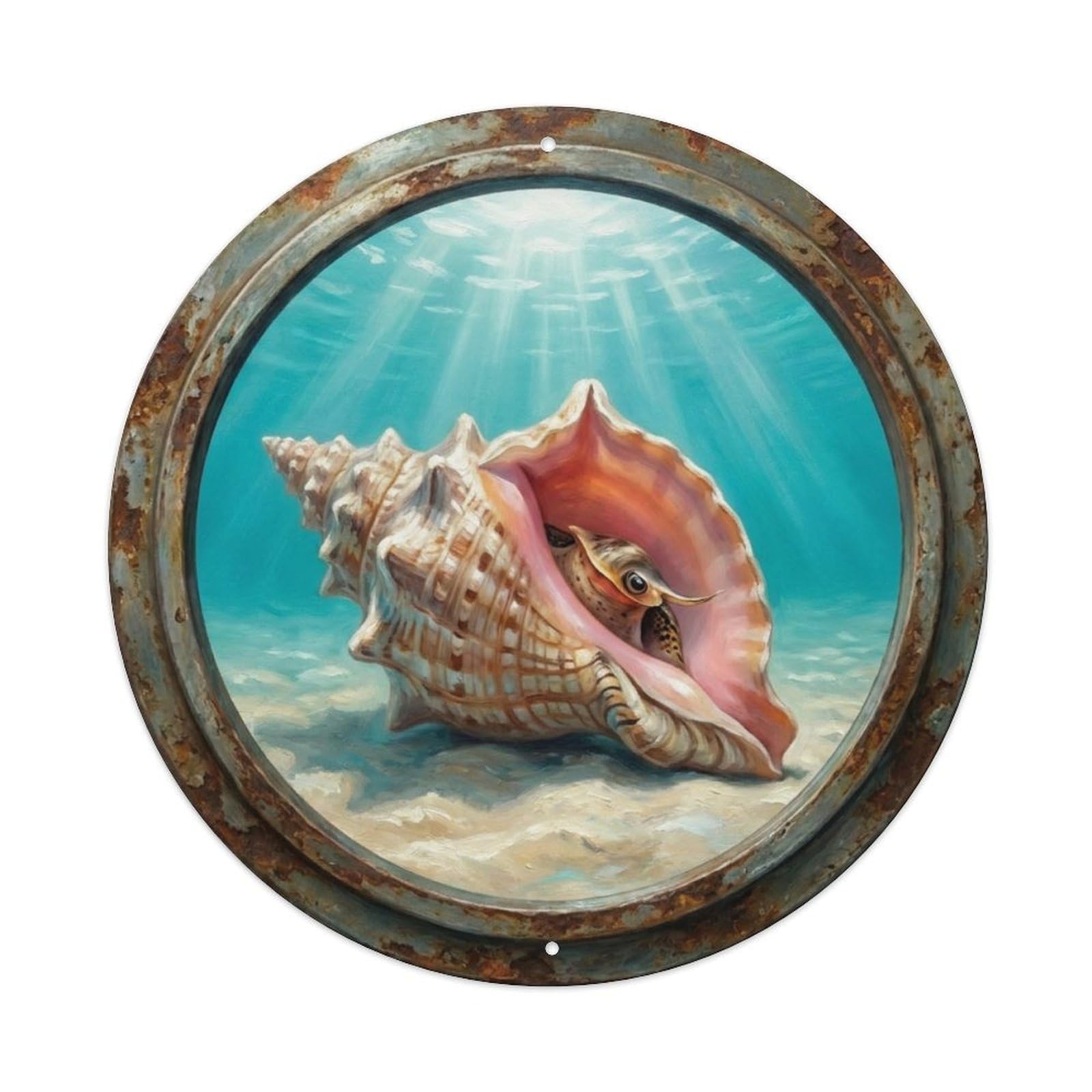 Vintage Porthole Conch Shell Ship Window Undersea Deep Sea Metal Tin Sign