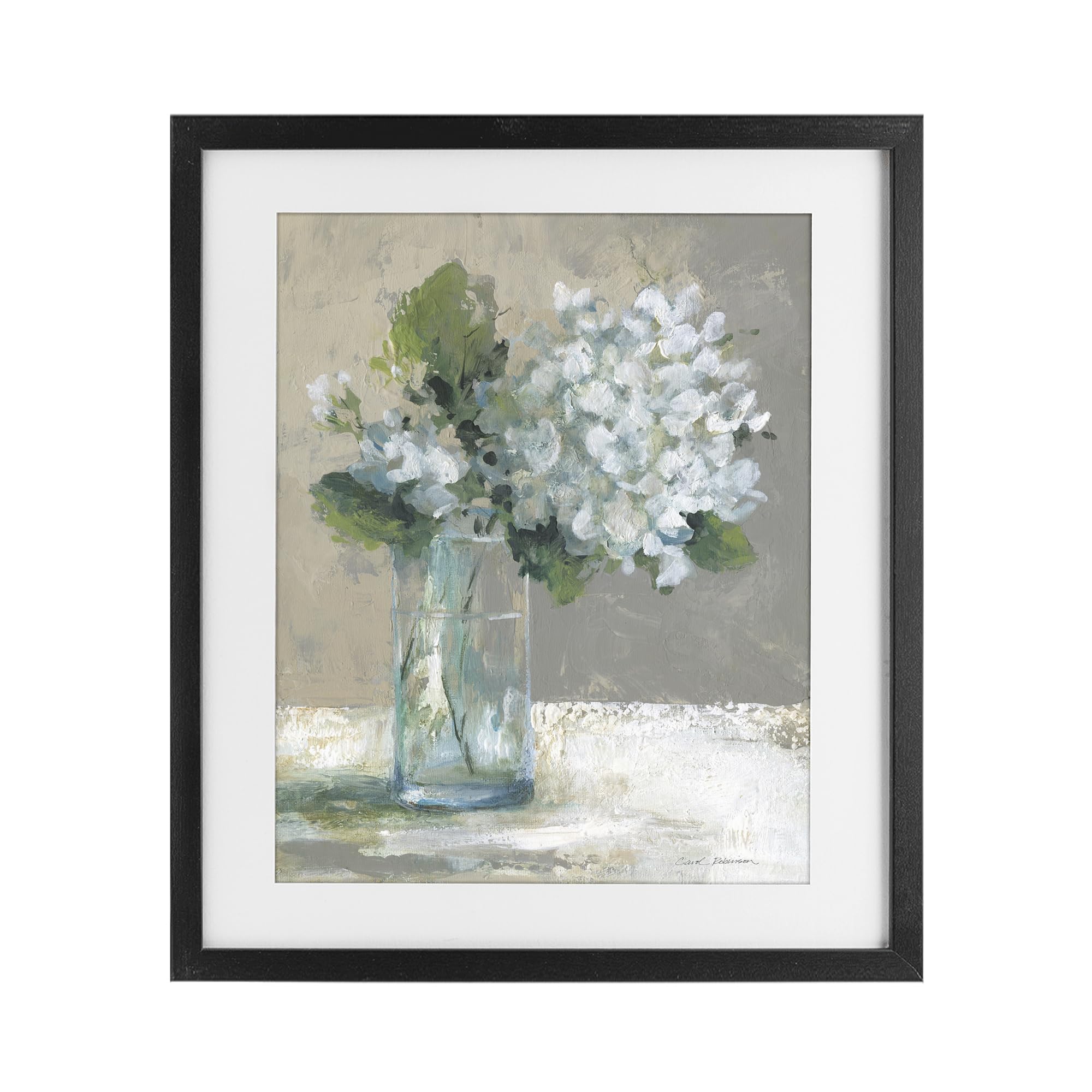 Serene White Hydrangeas Glass, 17 x 21 Inch Framed Print Under Glass