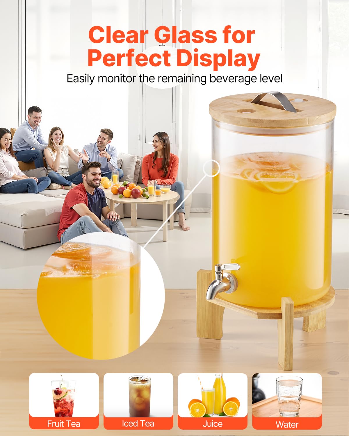 VEVOR Distributore di Bevande 8 L per Feste, Contenitore di Succhi in Vetro con Supporto in Legno con Rubinetto in Acciaio Inox, Distributore di Tè Freddo, Limonata per Ristoranti, Hotel e Feste