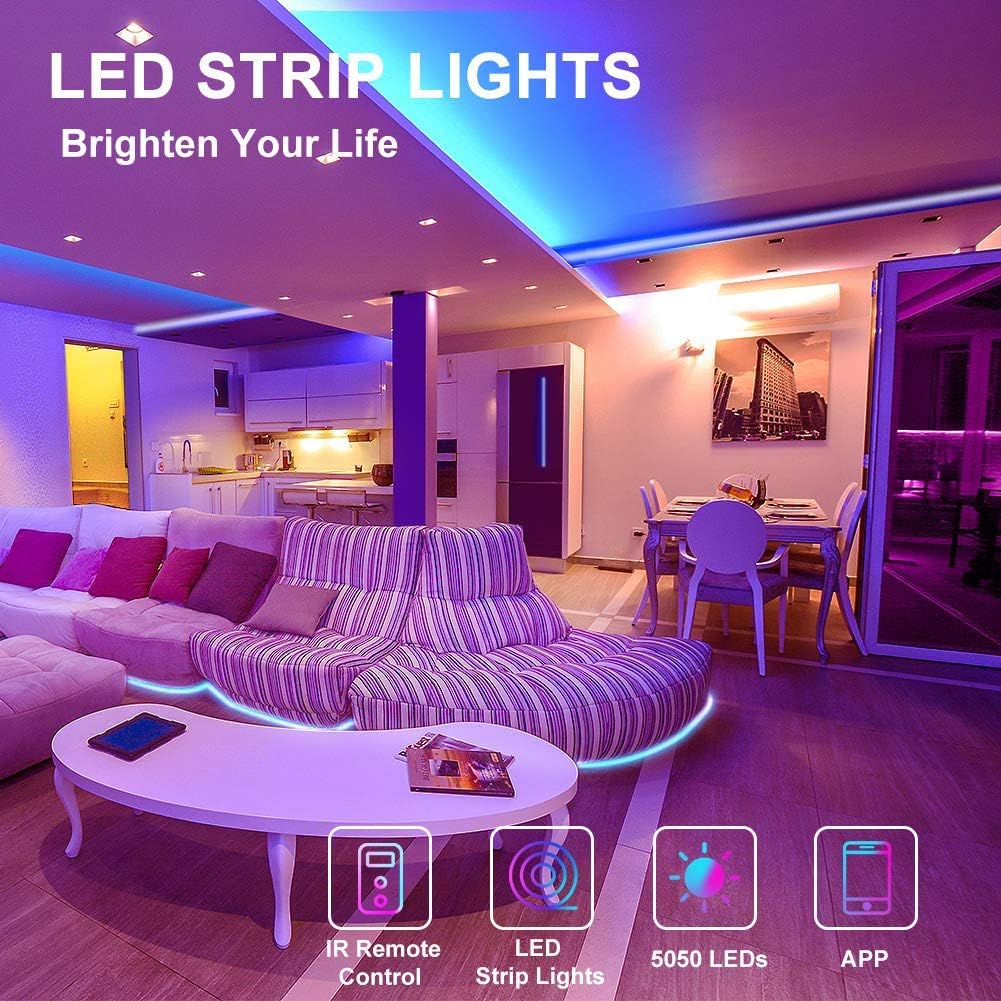 JESLED 16.4 ft LED Light Strips Bluetooth, Smart RGB LED Lights for Bedroom, Music Sync Color Changing 5050 LED Strip Lights with Remote and APP Control, Room, Party, Kitchen, Home Ceiling Decor