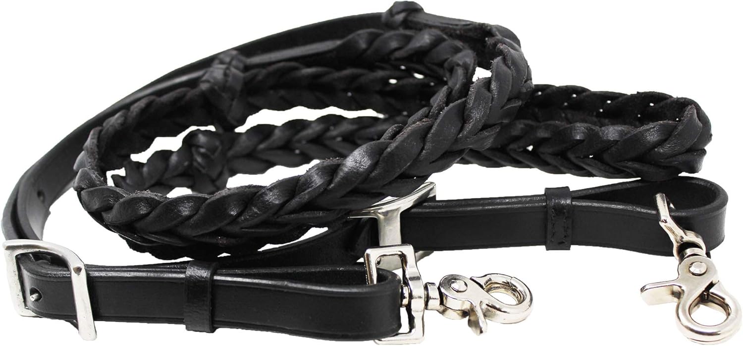 CHALLENGER Horse Western Braided Black Leather Knotted Grip Reins 805LR03BK
