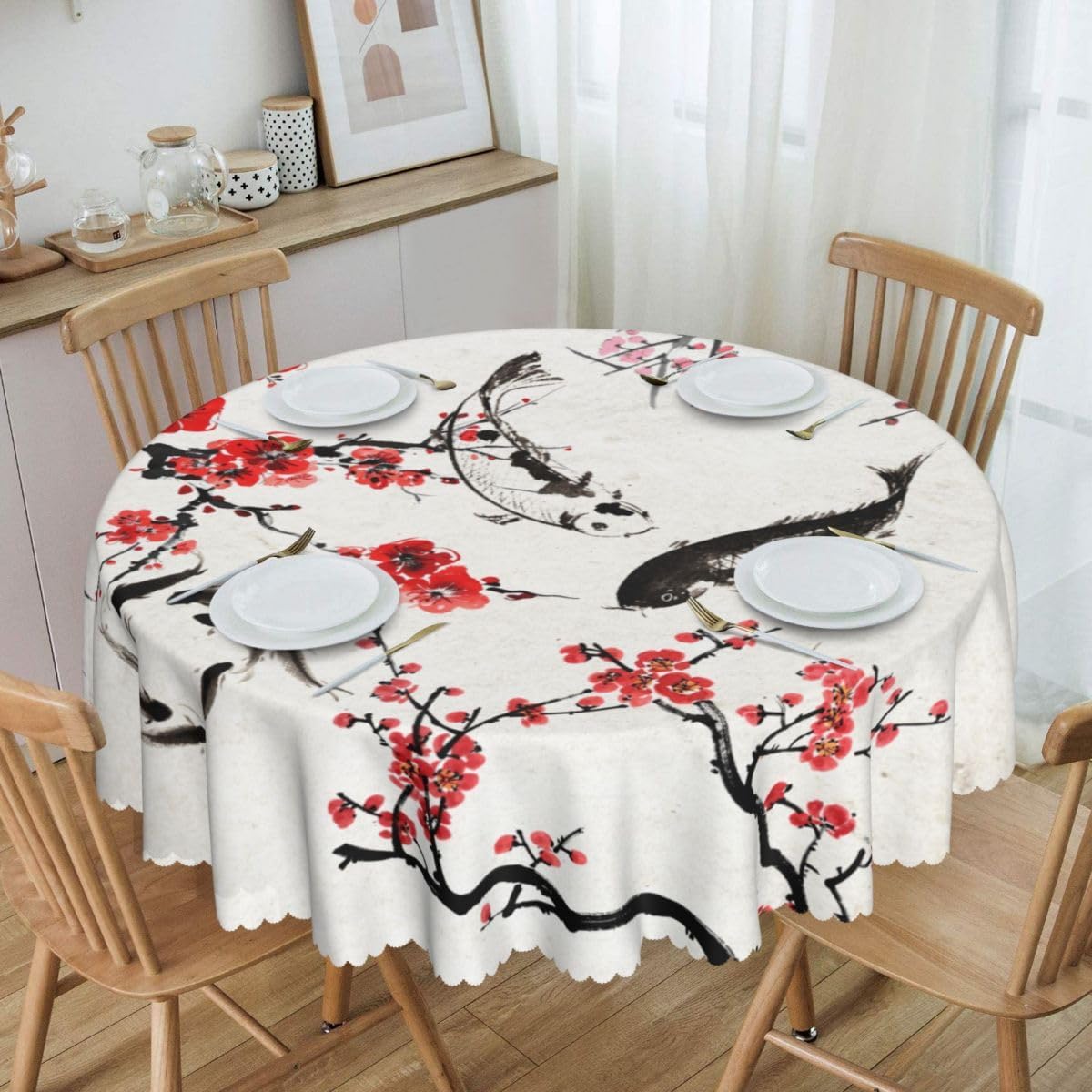 Cherry Blossom Tablecloth, Traditioanal Chinese Oriental Koi Vintage Asian Style Water Resisitant Wipeable Table Cover for Dining Kitchen Living Room Home Party Holiday Decor 60 inch Round