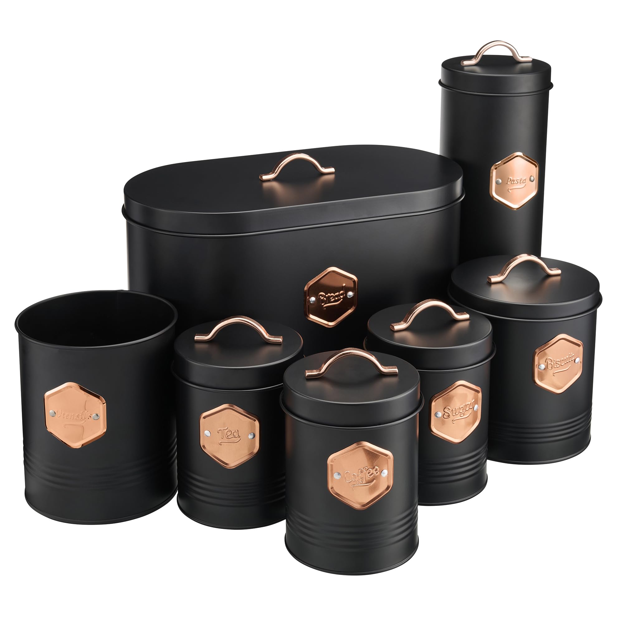 Cooks Professional 7Pc Tea Coffee Sugar Bread Biscuit Pasta & Utensil Cannister SetLabelled Kitchen Storage TinsBlack/copper from B&Q
