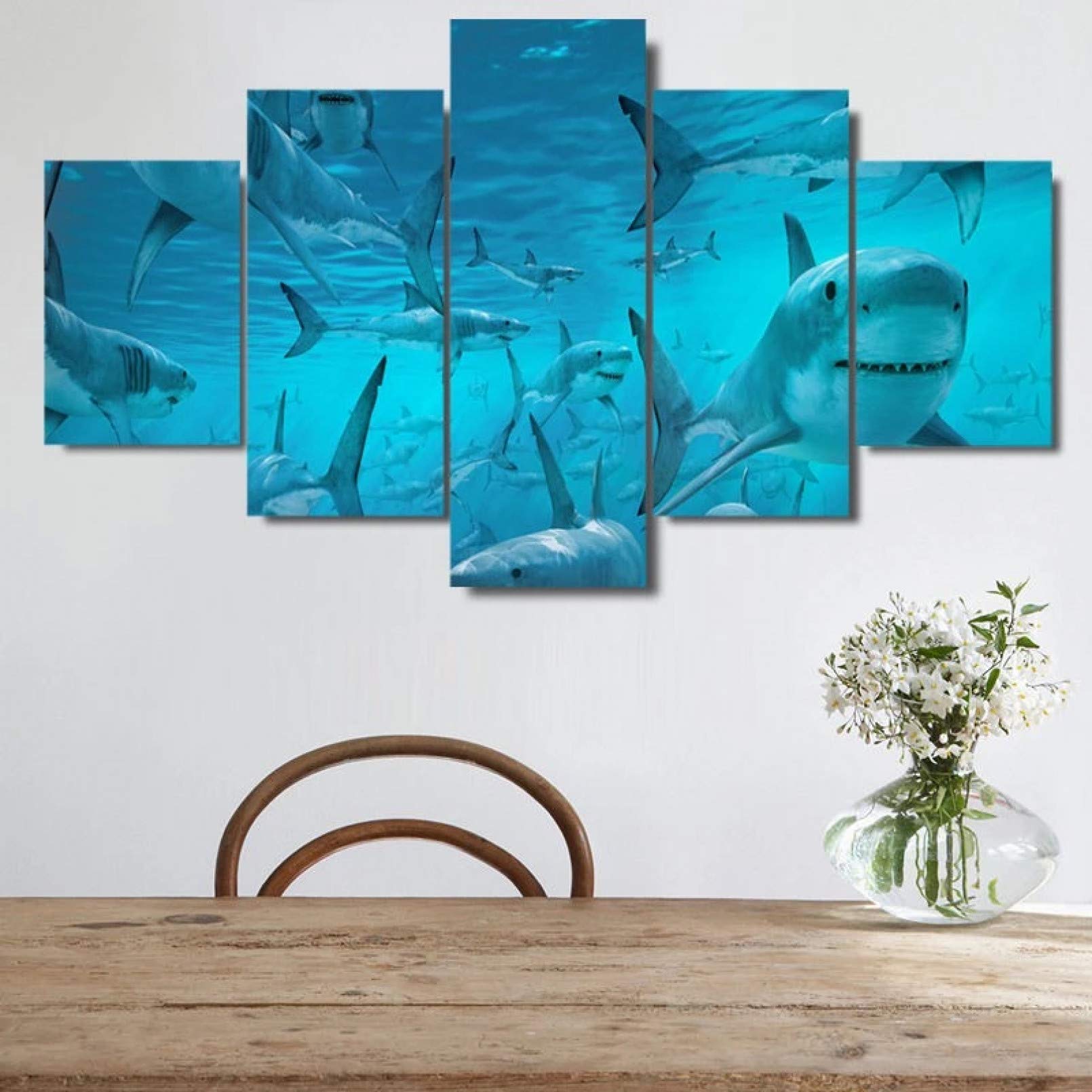 Tableau Requin 5 Panneaux : Décoration Murale Moderne pour Salon