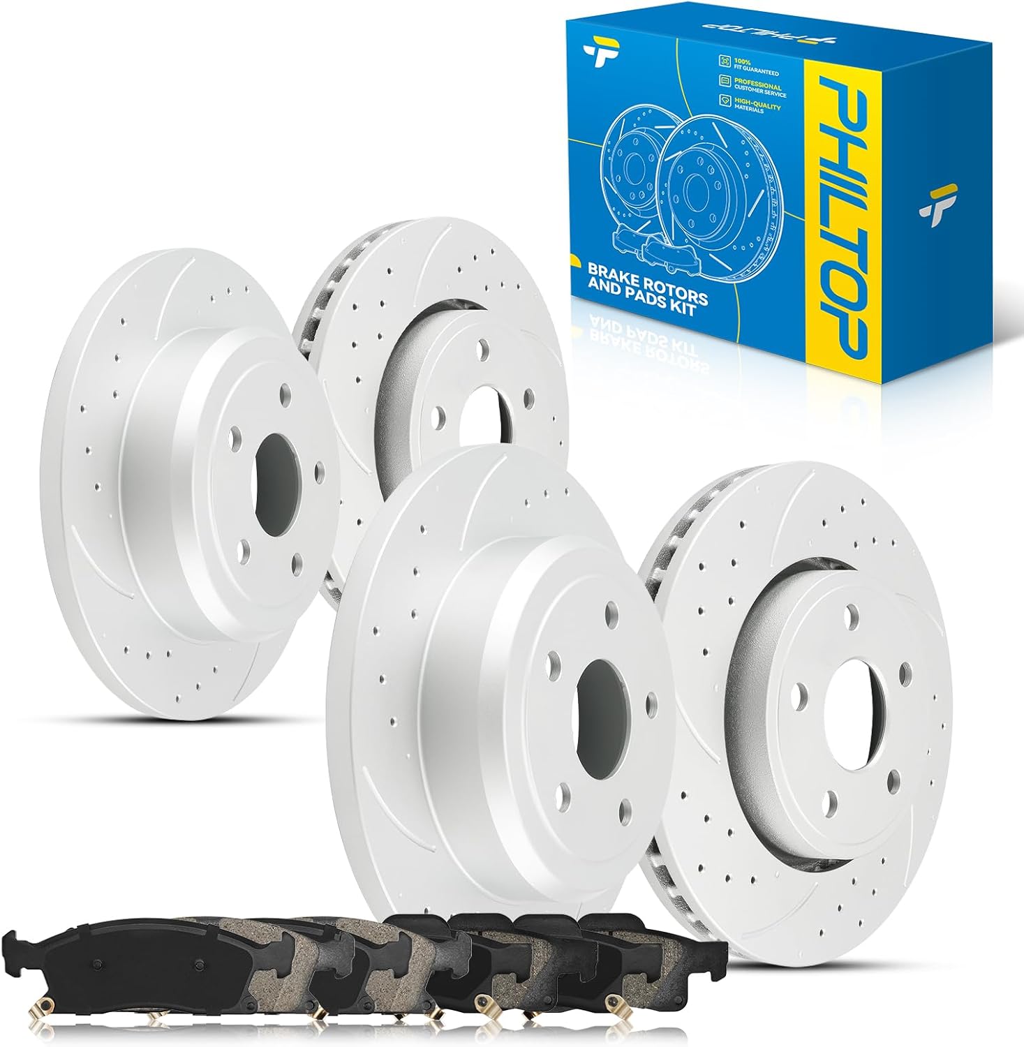 PHILTOP Front and Rear Brakes And Rotors kit for Jeep Grand Cherokee, Dodge Durango, 4x Drilled and Slotted Disc Brake Rotor+8x Brake Pads 53061+D1498+53062+D1455(Front 12.99inch, Rear 12.99inch)