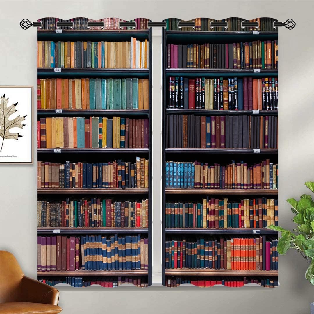 Wooden Bookcase Blackout Curtains for Girls Boy Home Decor, Library Educational Bookshelf Grommet Thermal Insulated Drapes Darkening Window Curtain for Bedroom Living Room, 42 x 45 Inch