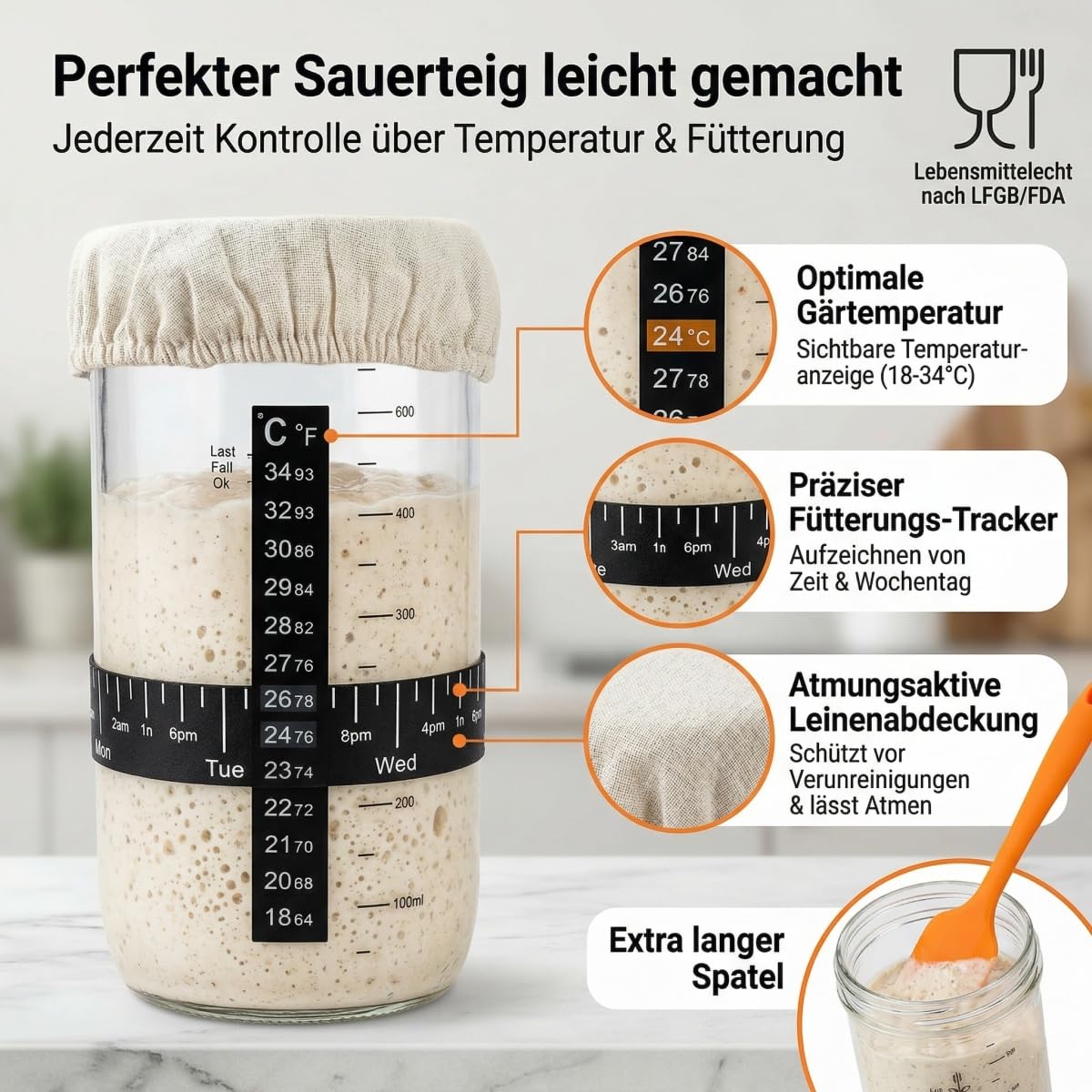 Sauerteig Starter Set 15-Teiliges Profi Brotbackset inkl. Gärkörbchen Rund & Oval, Gärglas mit Thermometer & Rezeptbuch – Das ultimative Sauerteig Starter Set für Krustenzauber Brot - GROWZELT