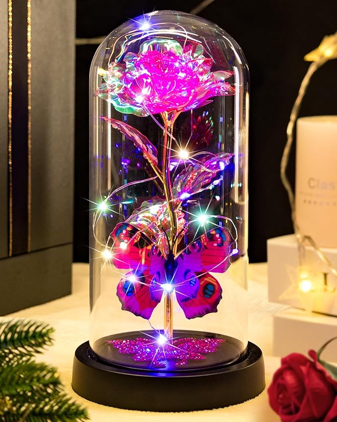 Beauty and the Beast Rose in Glass Dome Forever Rose Flower Kit Enchanted Light Best Gifts for Her Women Girls Adults Moms on Valentine's Day, Mother's Day, Wedding, Birthday