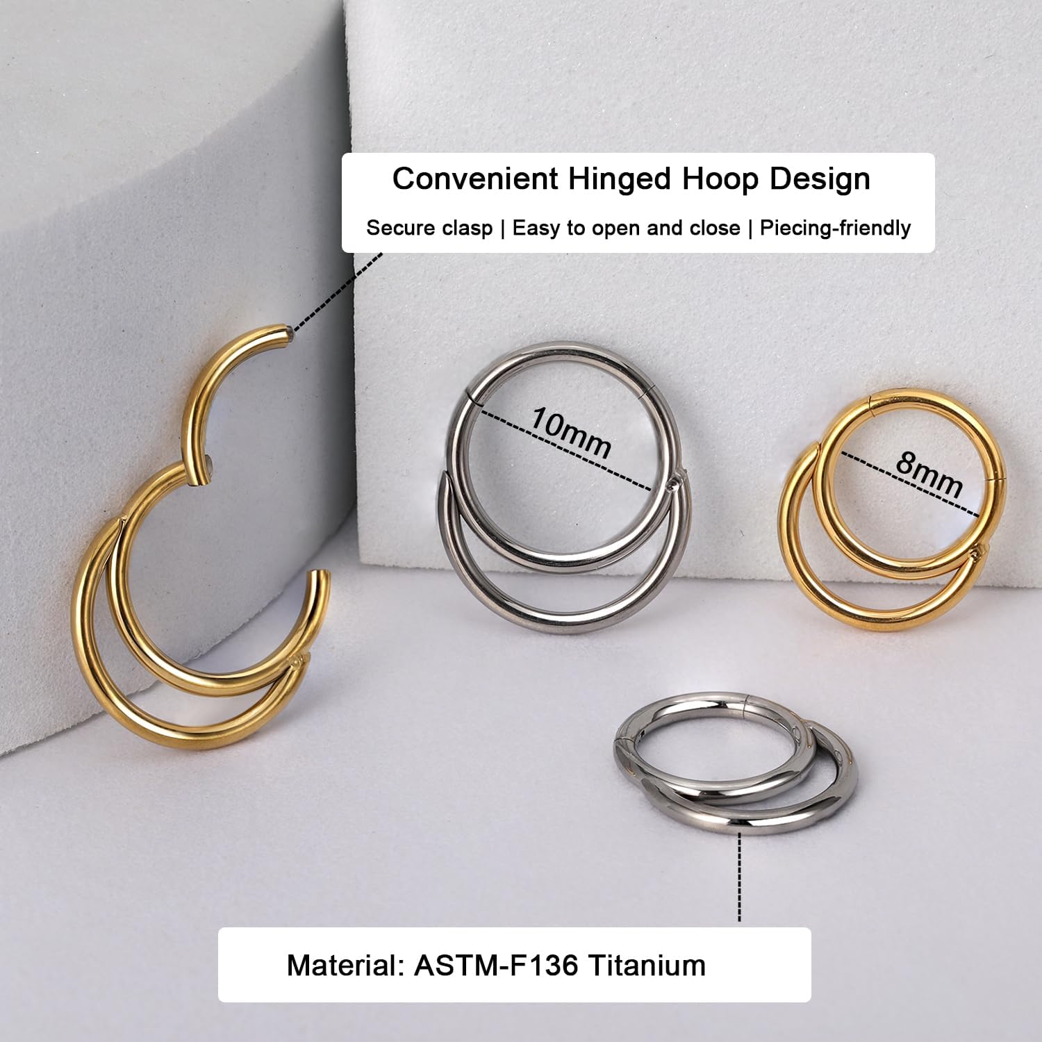 Titanium Septum Rings, 16G Septum Jewelry, Gold Septum Ring Hypoallergenic Hinged Clicker Septum Nose Piercing Jewelry Hoops for Women Men-8mm/10mm Silver/18K Gold Plated - Image 4