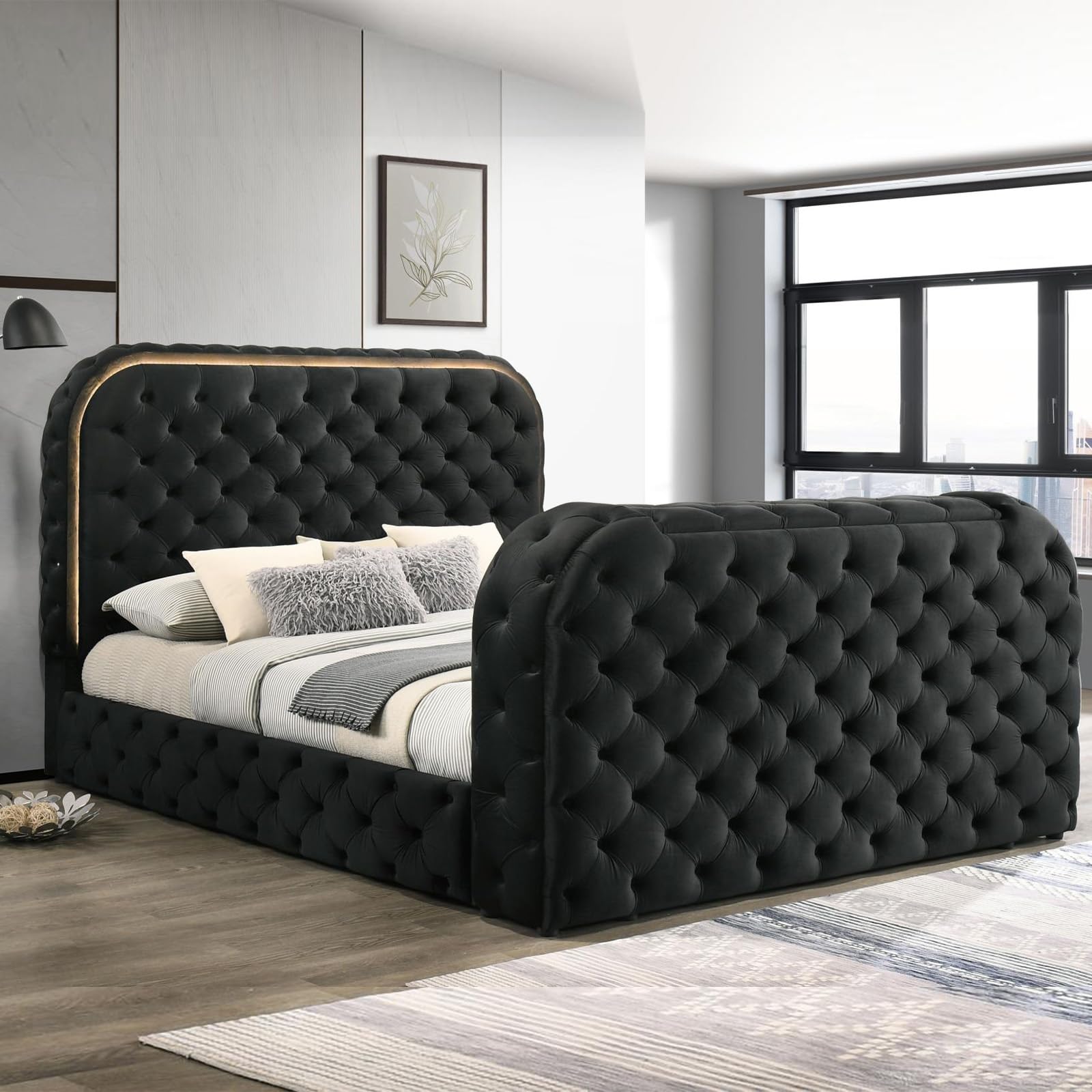 Queen Bed Frame with Fireplace and TV Stand - Wood Platform Bed with Tufted Headboard & Footboard, Upholstered Sleigh Bed, Velvet Bedframe with LED