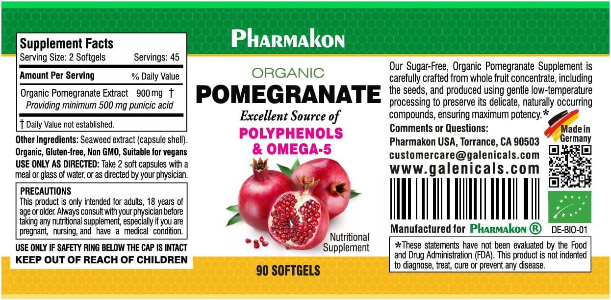 PHARMAKON Organic Pomegranate Extract, Highly Bioavailable Softgels, Full Spectrum Contains Polyphenols + Omega 5