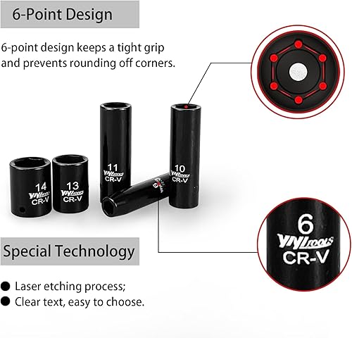 Miniatura 4 de Juego de llaves de vaso de impacto de 14 de pulgada, métricas (0.157-0.591 in) de profundidad y poco profunda, 6 puntos, CR-V, con mango de llave de