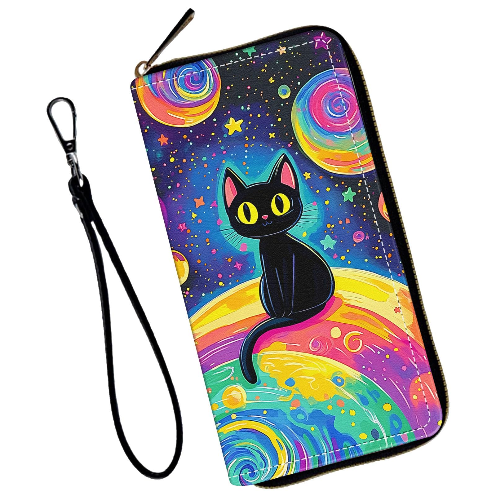 NLZQTTBD Women's Wallets,Wallet Wristlet for Women (Removable Wristlet) RFID Blocking Credit Card Holder Teen Girls PU Leather Phone Zip Around Men Wallet Clutch Travel Purse,Planet Black Cat