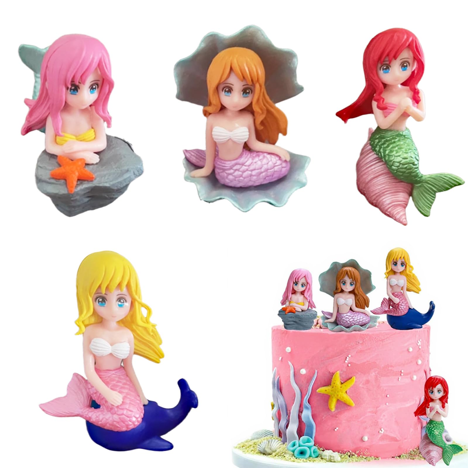 Tashce 4 PCS Mini Mermaid Figures, Miniature Mermaid Ornaments, Mermaid Cake Toppers