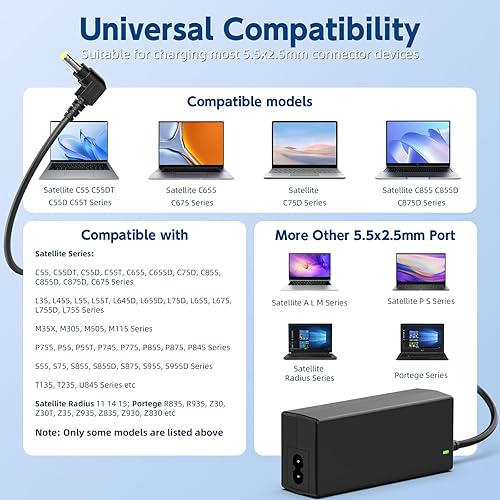 Miniatura 4 de Cargador para portátil de 65 W compatible con Toshiba Satellite A205 A215 A655 C55 C55D C55T C655 C675 C855 L55 L655 L675 L745 L755 P755 S55,