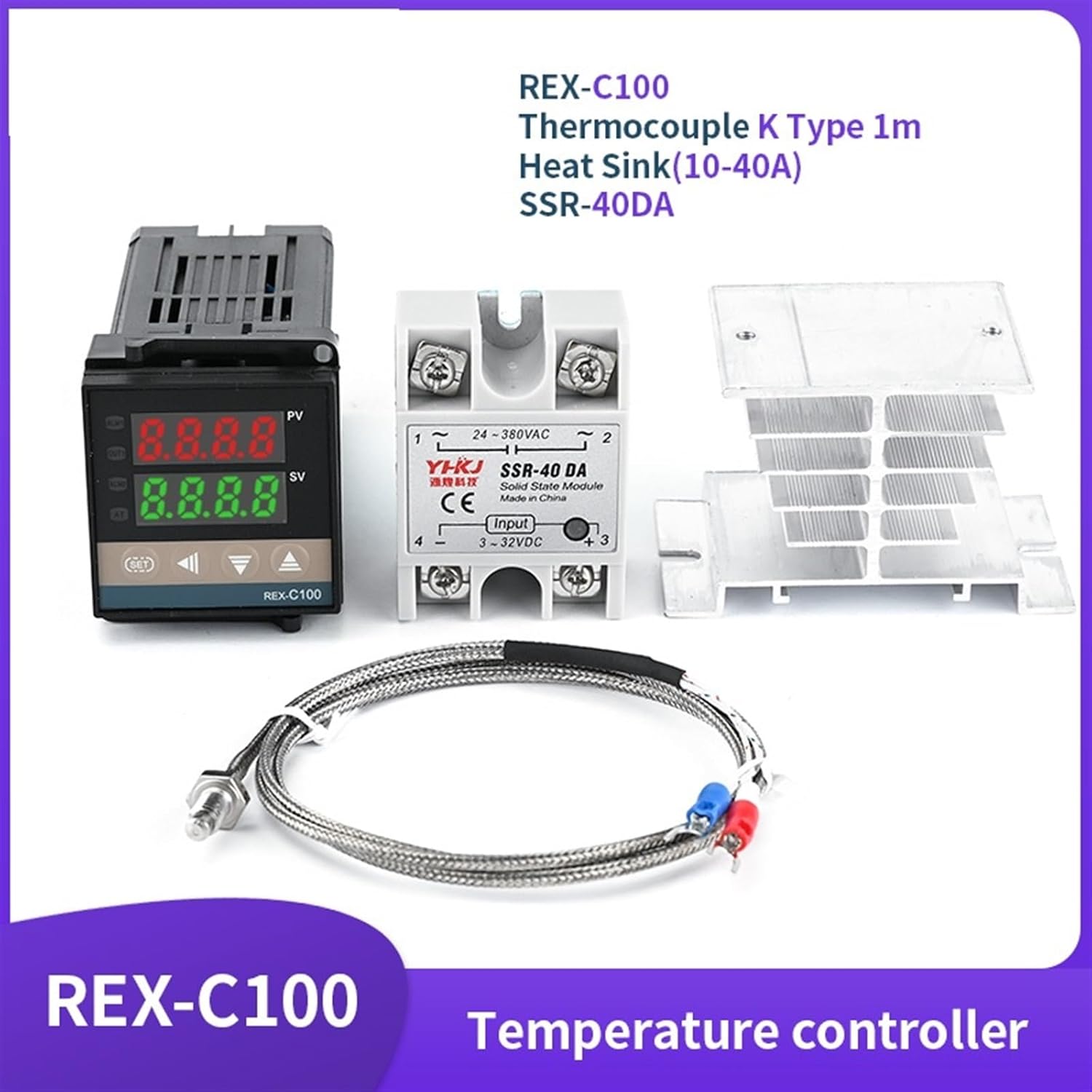 REX-C100 PID K Type Temperature Controller Digital Display Thermostat 110V-240V +40A SSR Relay+1M K Thermocouple Probe+Heat Sink ( Color : Set1 SSR Output )