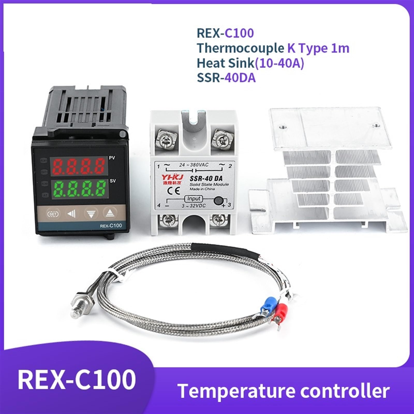 REX-C100 PID K Regolatore di temperatura Display digitale Termostato 110 V-240 V + Relè SSR 40A + Sonda termocoppia 1M K + Dissipatore di calore(C100 SSR Output)