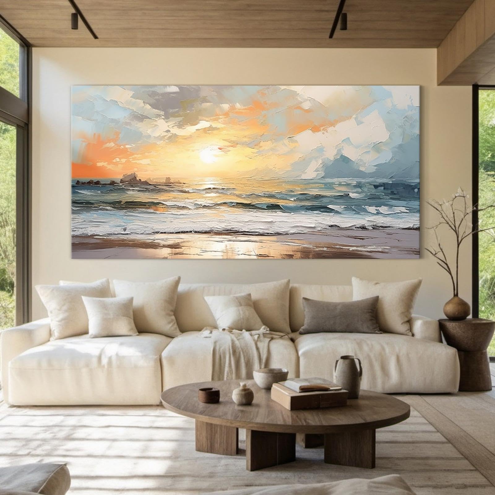 lianyibo Dipinto su tela con onde dell'alba sull'oceano, paesaggio marino astratto, decorazione da parete per soggiorno, camera da letto o arredamento ispirato alla costa, 80x160 cm, senza cornice.