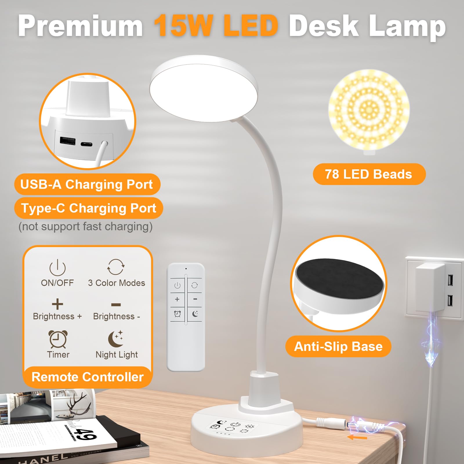 15W LED Desk Lamp with USB Charging Ports, [Button & Remote Control] Dimmable Table Lamp with 3 Color Modes, 5 Brightness Levels, 4 Timers, Flexible Reading Light for Home Office, Bedroom, Kids Study view 9