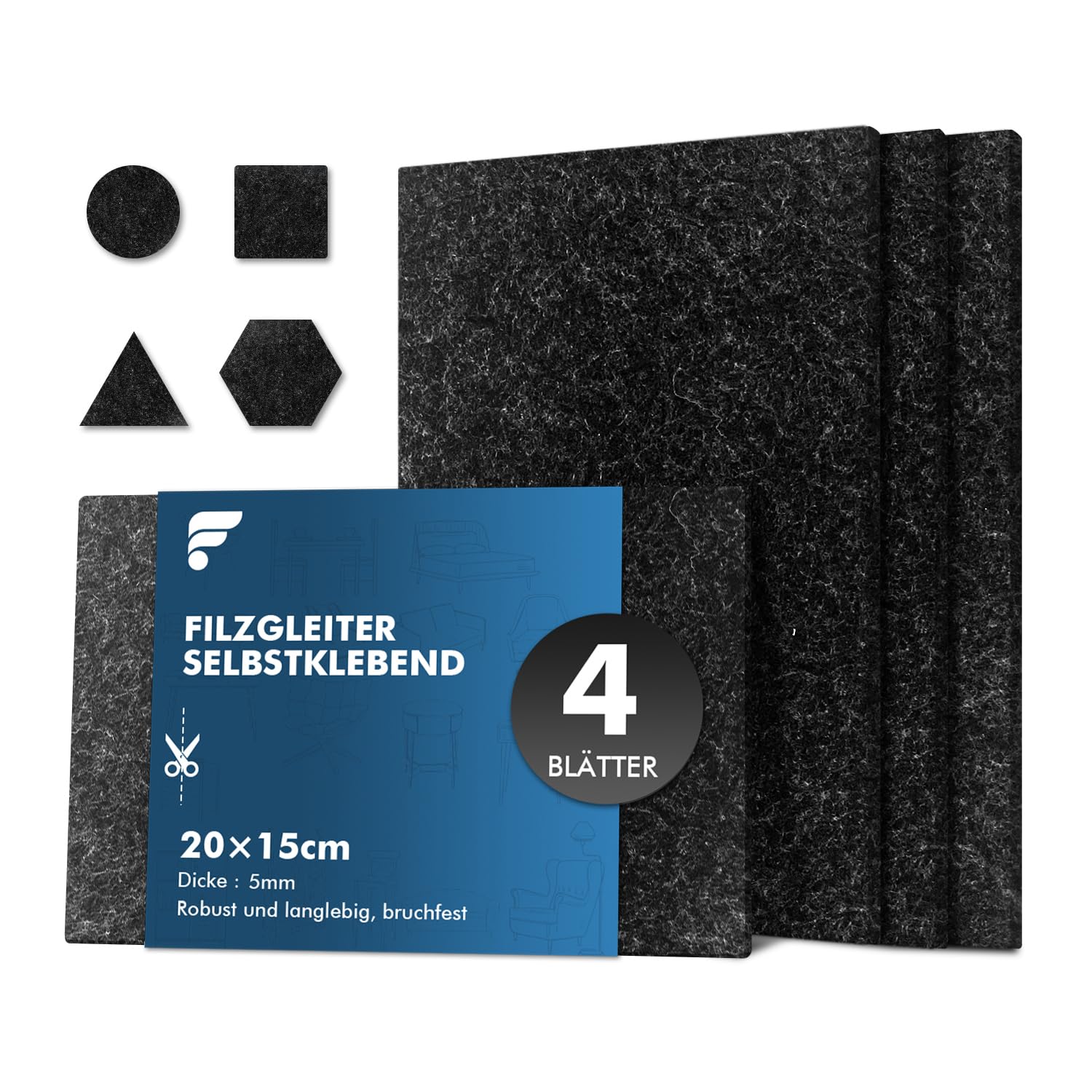 shinfly Filzgleiter Selbstklebend zum Zuschneiden, 4 Stück Filz Selbstklebend für Stühle, Möbelgleiter für schwere Möbel, Bodenschutz für Parkett Laminat Fliesen
