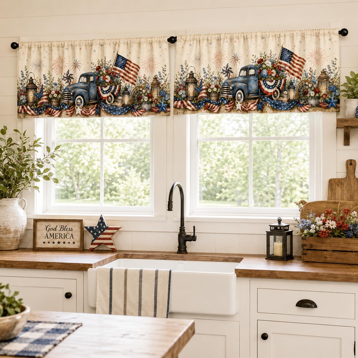 Rustic Truck Floral Flag Window Valances, Patriotic Farmhouse Curtain Toppers for Kitchen Bedroom Living Room, Rod Pocket, 54 x 18 Inch, Set of 2 Panels