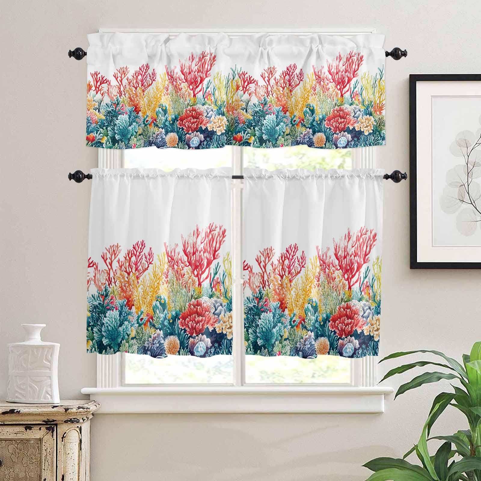 Coastal Kitchen Curtains 24 Inch Length, 3 Piece Rod Pocket Small Half Tiers and Valance Set, Summer Beach Red Teal Coral Nautical Small Large Window Treatment Decor for Bedroom/Bathroom Sink