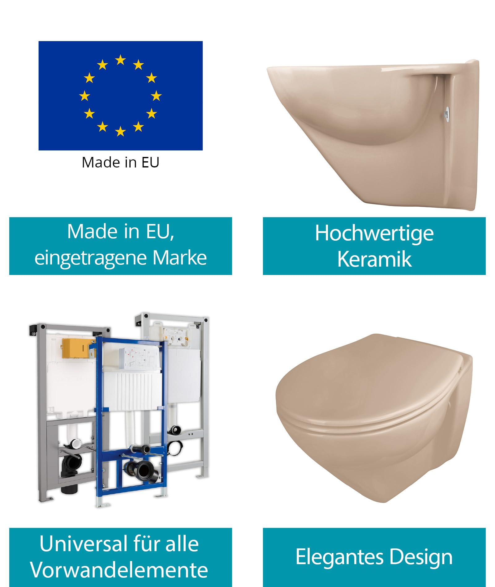 Calmwaters® Erhöhtes Wand WC spülrandlos Modern Plus mit Toilettendeckel, +6 cm Erhöhung, erhöhte Toilette inkl. abnehmbarem WC Sitz mit Absenkautomatik und Fast-Fix, Komfort Tiefspüler, Bahamabeige