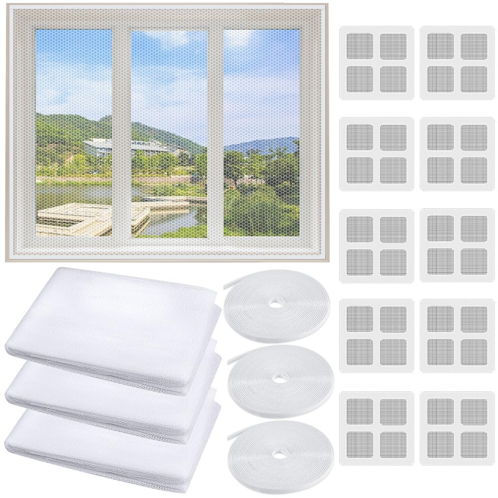 NAROSEBE 3 Pcs Moustiquaire Fenêtre Blanc 130x150cm, Toile Moustiquaire Fenêtre Réglable, Tulle Moustiquaire en Polyester avec Bande Scratch et Réparation Moustiquaire, pour Maison contre Les Insectes