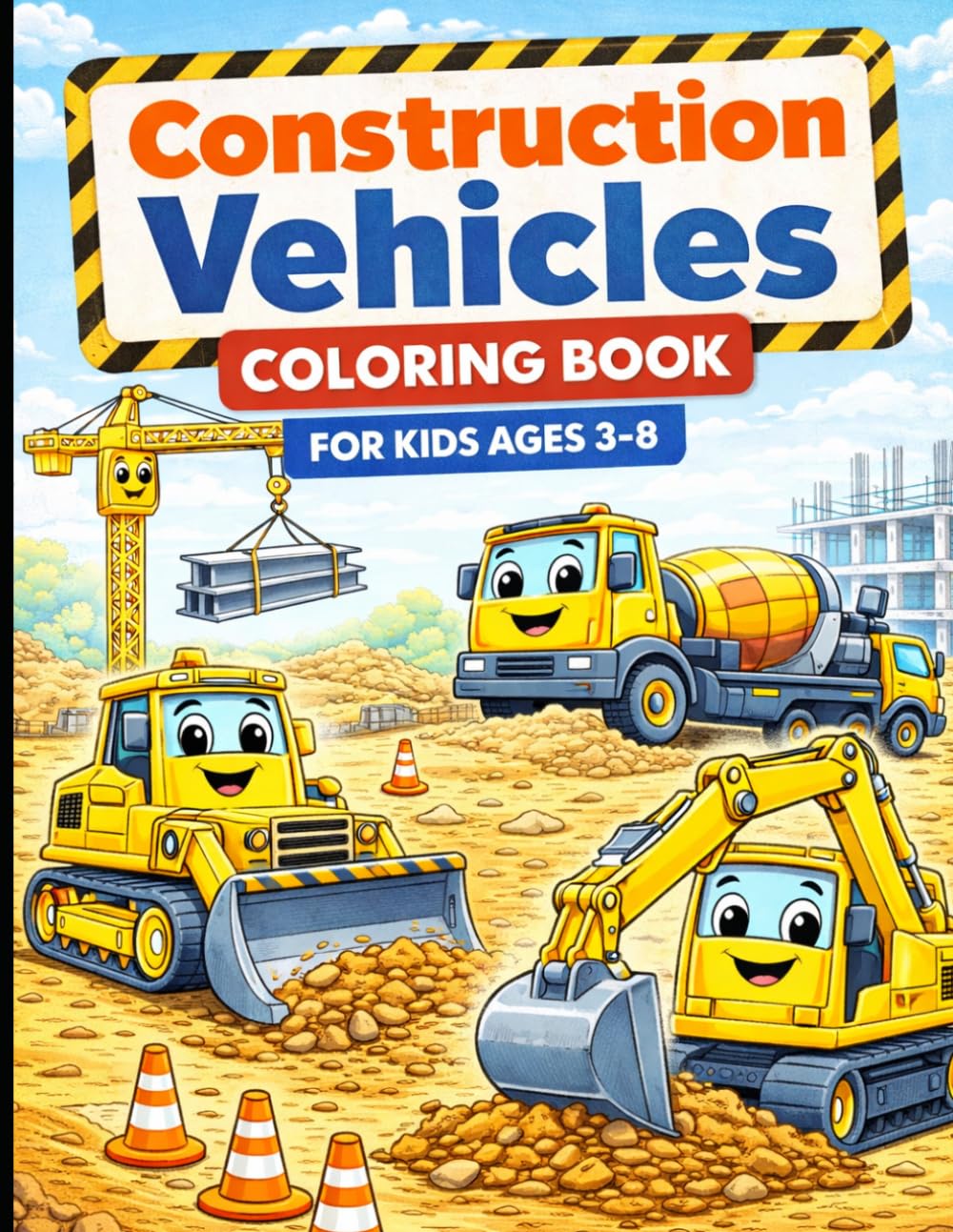 Construction Vehicles Coloring Book for Kids Ages 3-8: Fun Bulldozers, Excavators, Dump Trucks, Cranes, Cement Mixers and More Easy Coloring Pages