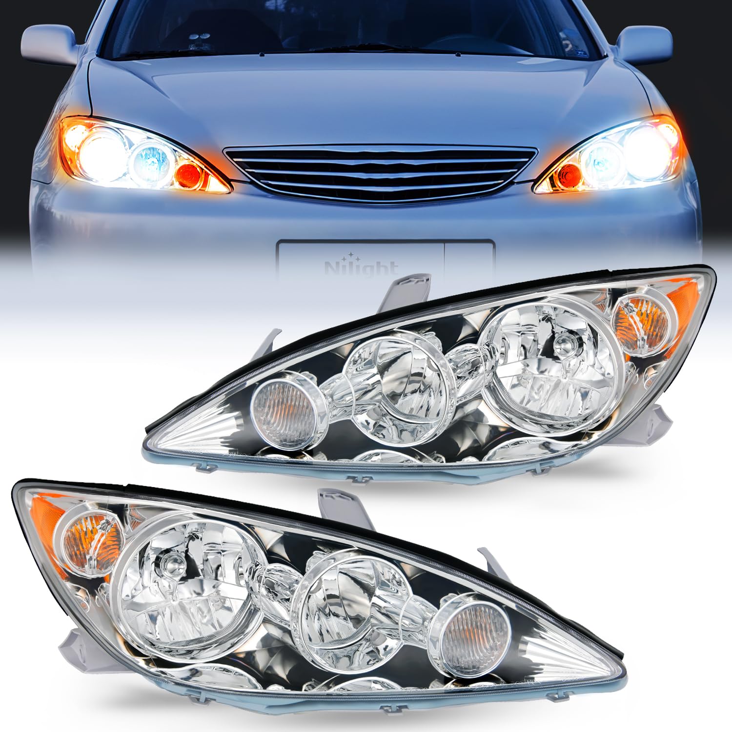 Nilight Headlight Assembly Compatible with 2005 2006 Toyota Camry LE XLE SE Headlamps Replacement Chrome Housing Amber Reflector Upgraded Clear Lens Driver and Passenger Side