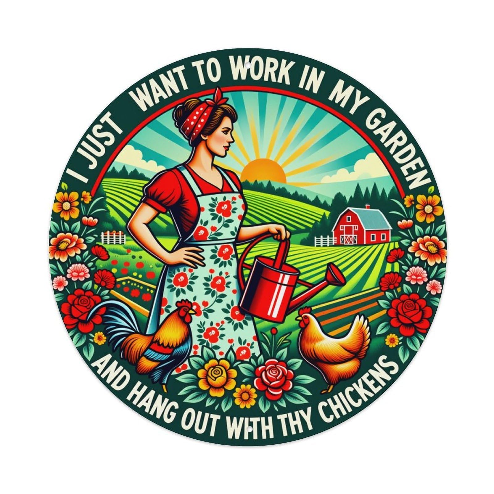 Garden Woman Chickens Rooster Flowers Round Tin Sign Vintage Style Metal Sign Home Bar Garden Wall Plaque Decor Metal Poster 8x8 Inch