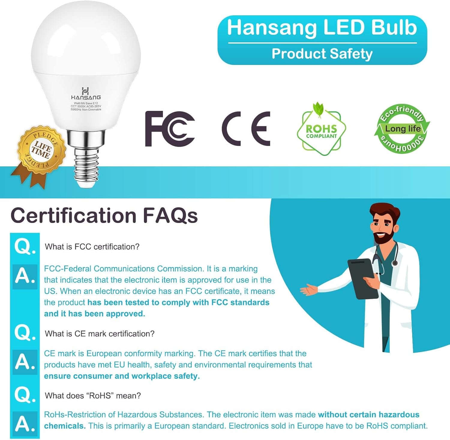 hansang Ceiling Fan Light Bulb, E12 Base LED Candelabra Bulbs 60 Watt Equivalent 5000K Daylight A15 Light Bulbs Candelabra Base Non-dimmable 8 Pack