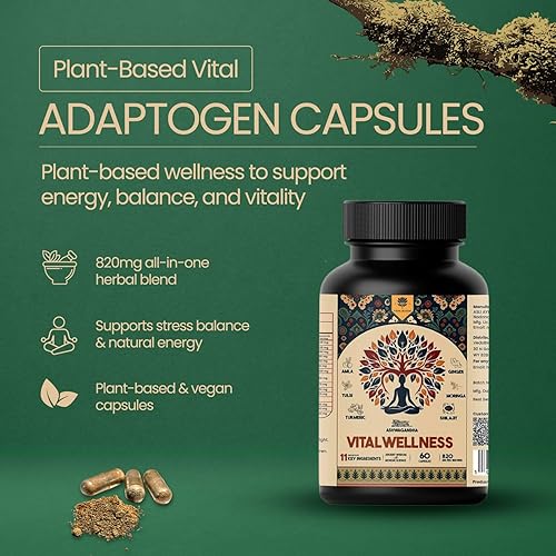 Vista 2 de Vital Adaptogen Capsules – 820mg Shilajit, Ashwagandha, Turmeric, Ginger & Tulsi – Plant-Based Adaptogenic Support – 60 Vegan Capsules