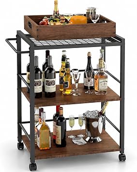 3 Tier Kitchen Cart, Rolling Bar Cart, Walnut