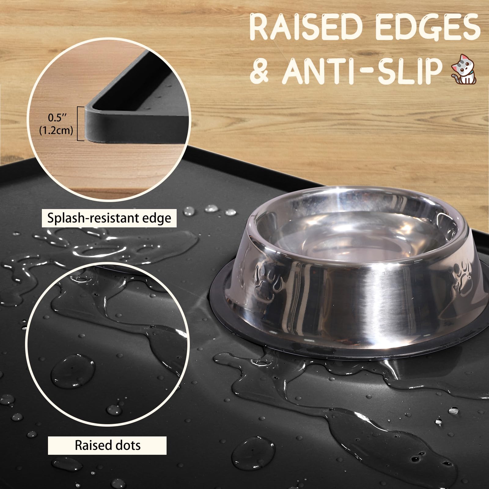 MateeyLife Silicone Cat & Dog Food Mat for Floors Waterproof, Anti-Slip Dog Bowl Mats for Food and Water, Pet Feeding Tray with Lip to Prevent Spills, Pet Placemat for Messy Drinkers to Protect Floor 18''×12'' Black - 2