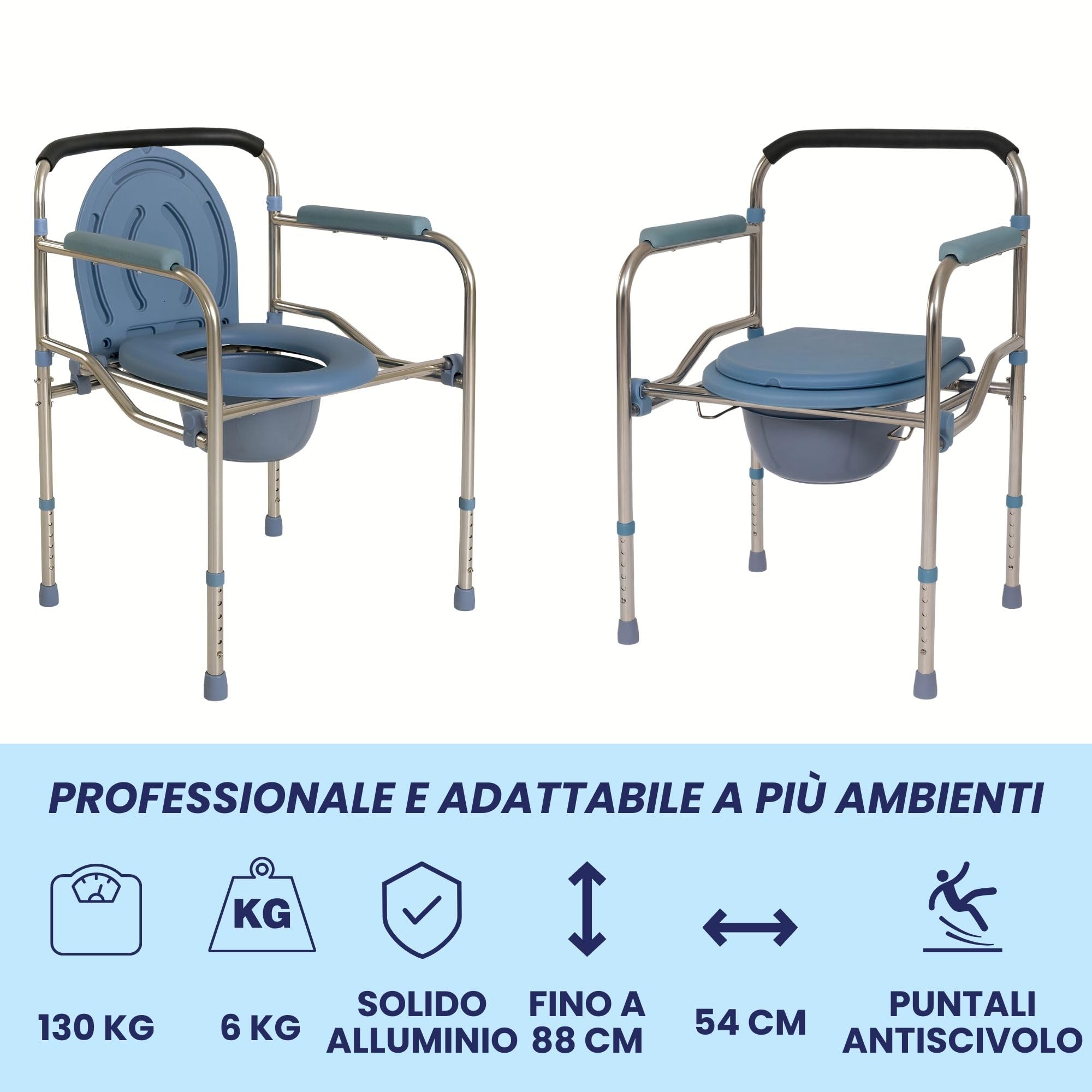 FERRUCCI COMFORT Sedia WC Comoda Multifunzione (4 funzioni in 1), Rialzo Water, Sedile Doccia e Sedia da Comodo per Anziani e Disabili, in Alluminio ed Ergonomica