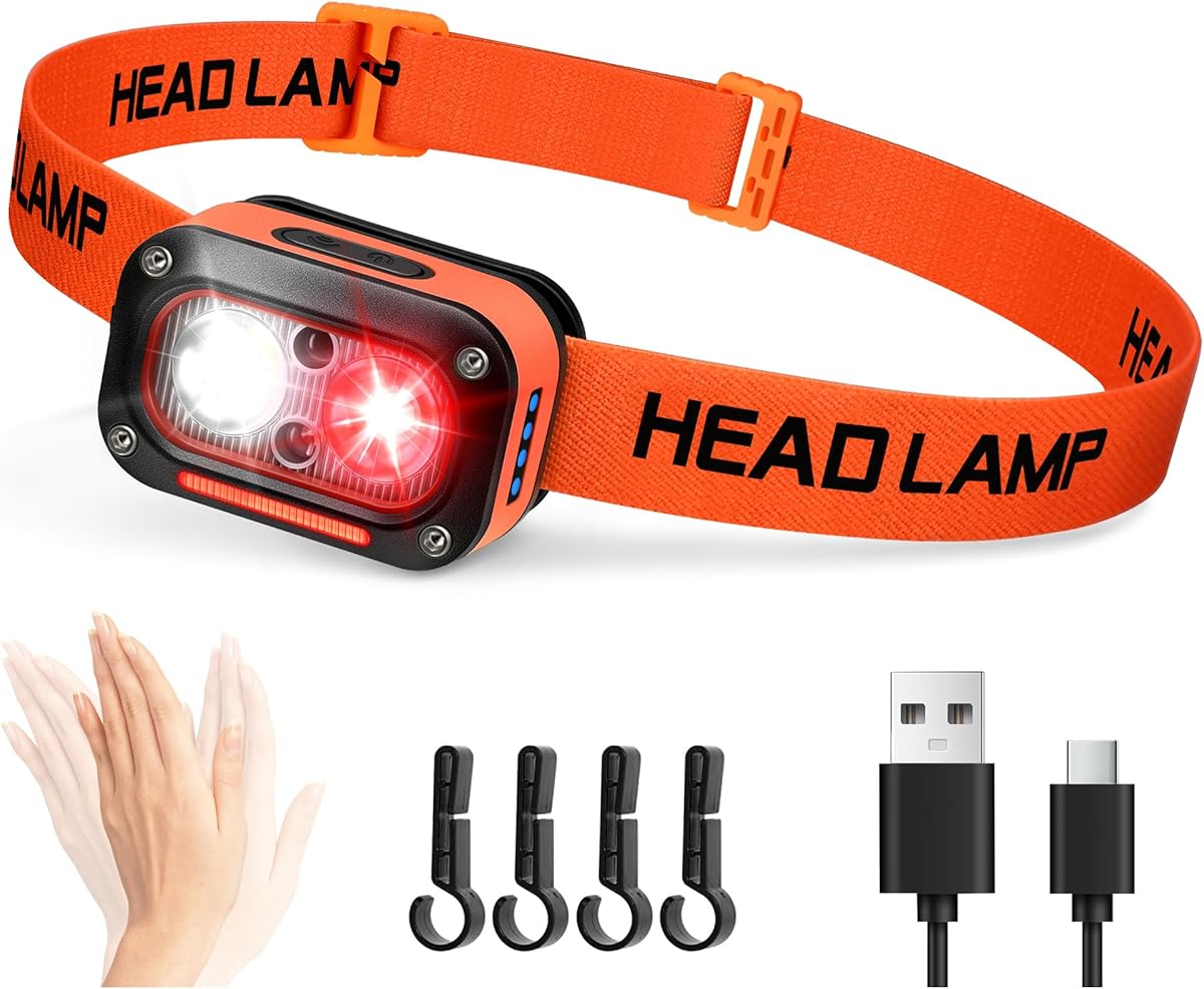 DARKBEAM LED Headlamp High Lumens USB Rechargeable White & Red Dual Light Headlight for Hardhat with Motion Sensor, Up/Down Adjustable, Waterproof Head Lamps for Camping, Car Maintenance