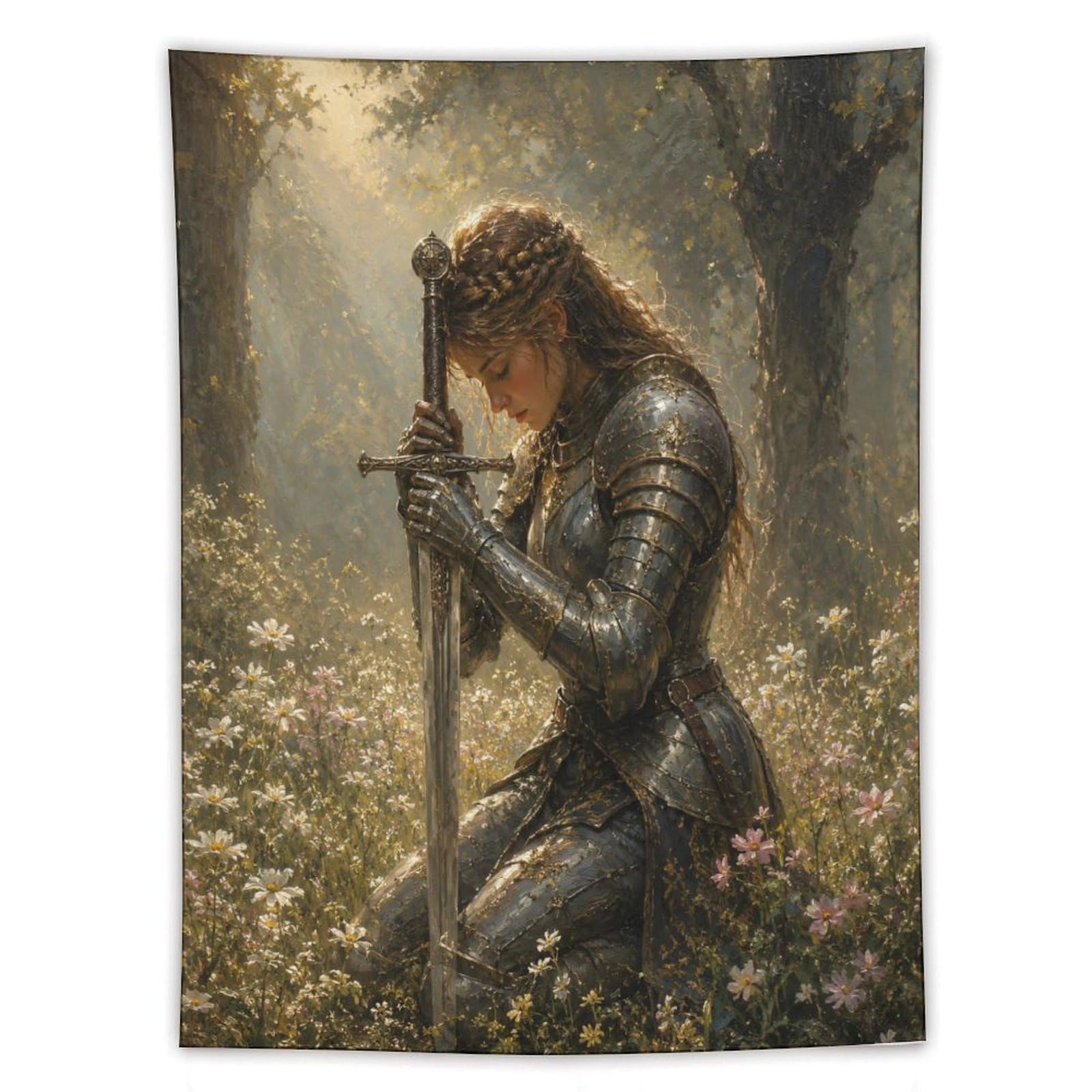 H3B8U2Y5 Medieval Female Knight Forest Wall Tapestry, Heroic Sword
