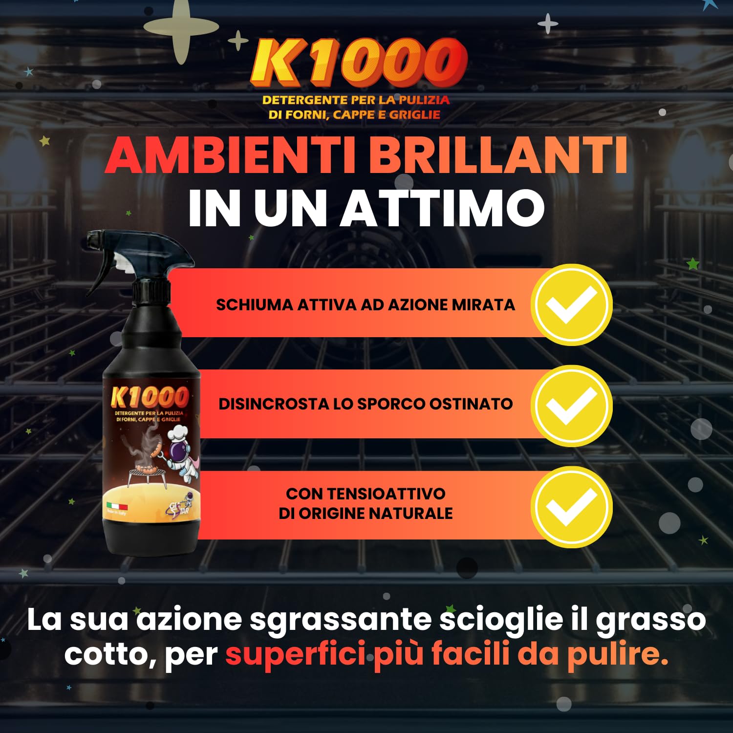 Detergente Pulizia Forno K1000 | Sgrassatore per Grasso Cotto e Incrostazioni | Griglia Barbecue, Grill e Cappe | Spray Uso Puro o Diluito | 750 ml Made in Italy