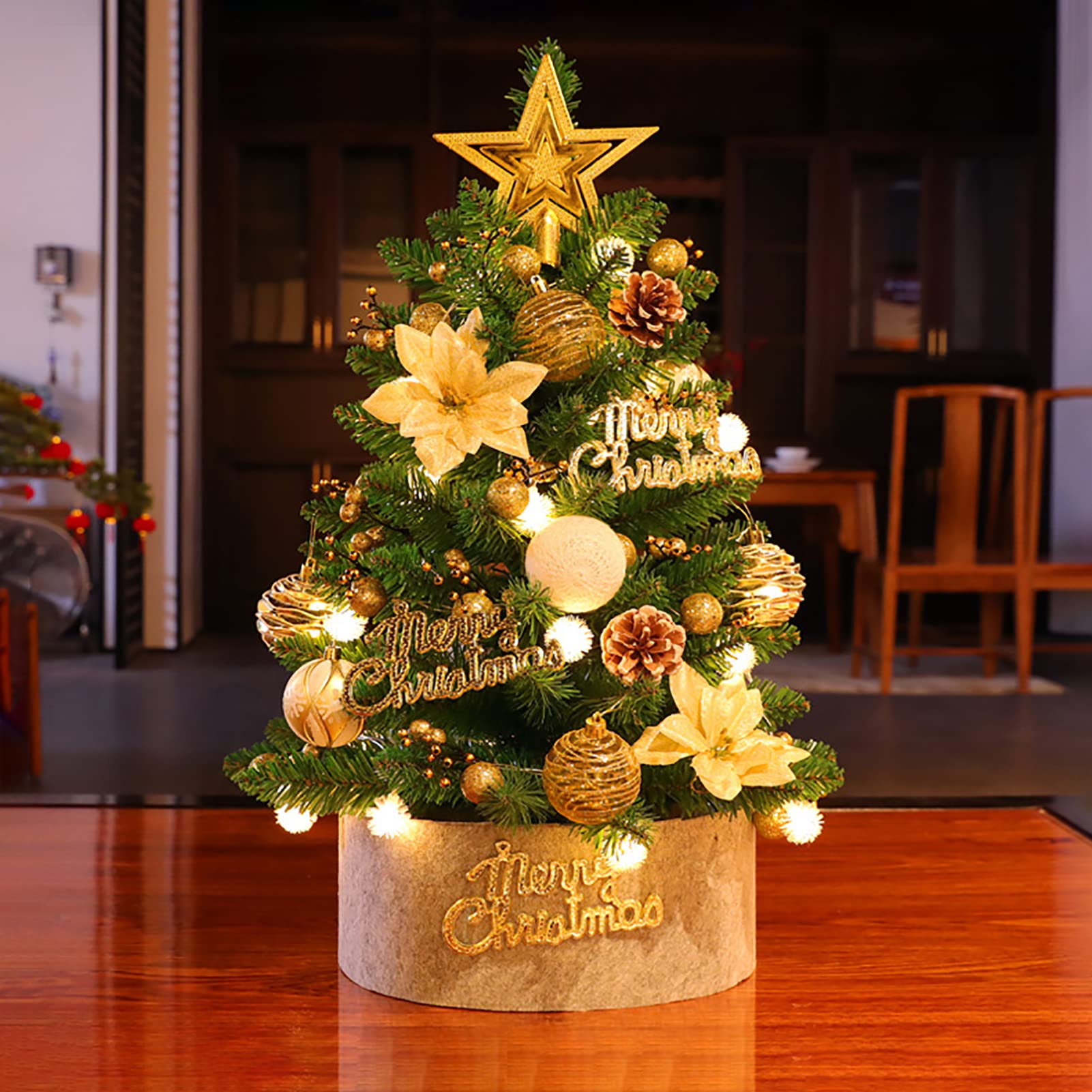 Mini Albero di Natale Artificiale da Tavolo 60 cm, Albero di Natale Piccolo, da con Cime degli Alberi Stella Dorata e Ornamenti per Decorazioni Natalizie così Come LED Luci fatate.(Color:Oro