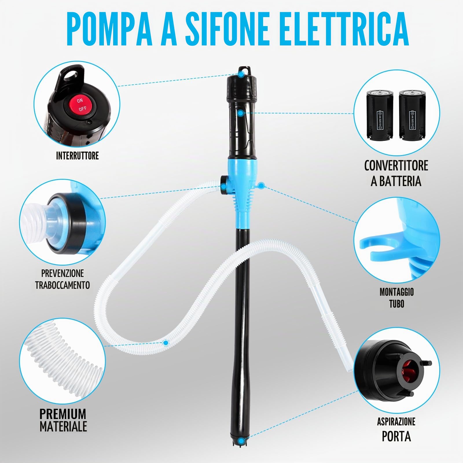 Pompa di trasferimento liquido a batteria, pompa fino a 9 litri al minuto, pompa elettrica a sifone liquido, pompa portatile multifunzione per carburante, olio, acqua, gas, acquario