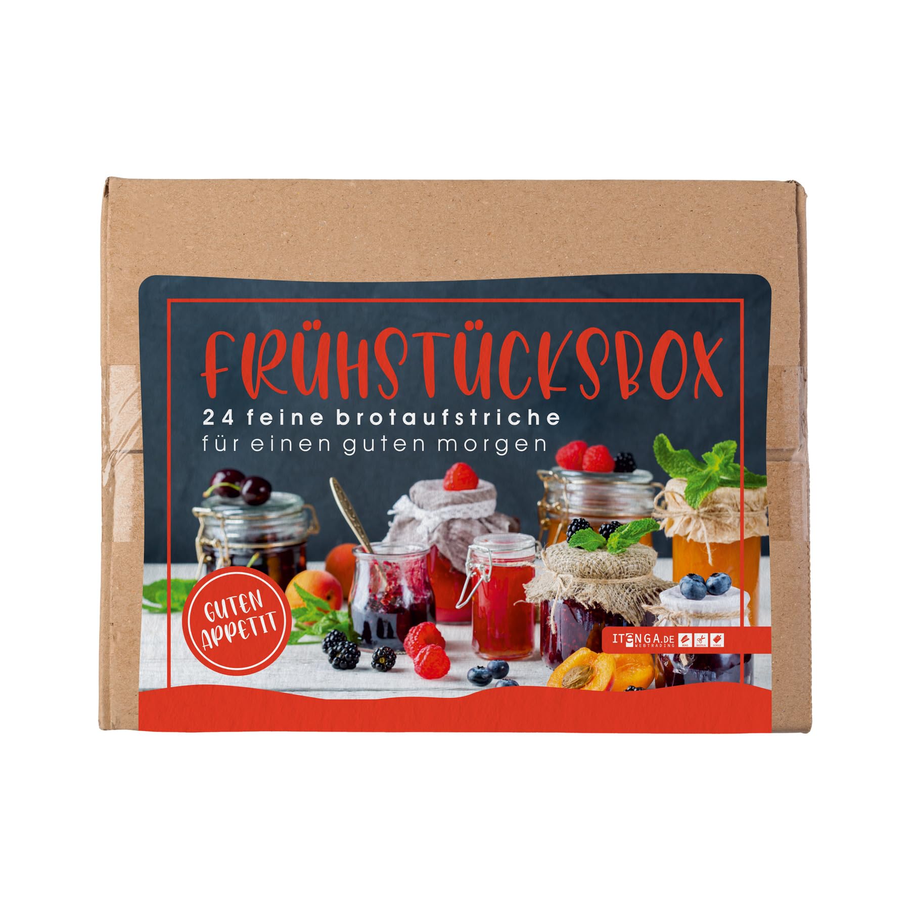 itenga Frühstücksaufstrich Box 24-teilig | Portionsgläser & Portionsbecher | Marmelade, Honig, Nuss-Nougat & Erdnusscreme | Adventskalender-Füllung, Büro & Urlaub - Inhalt 627g