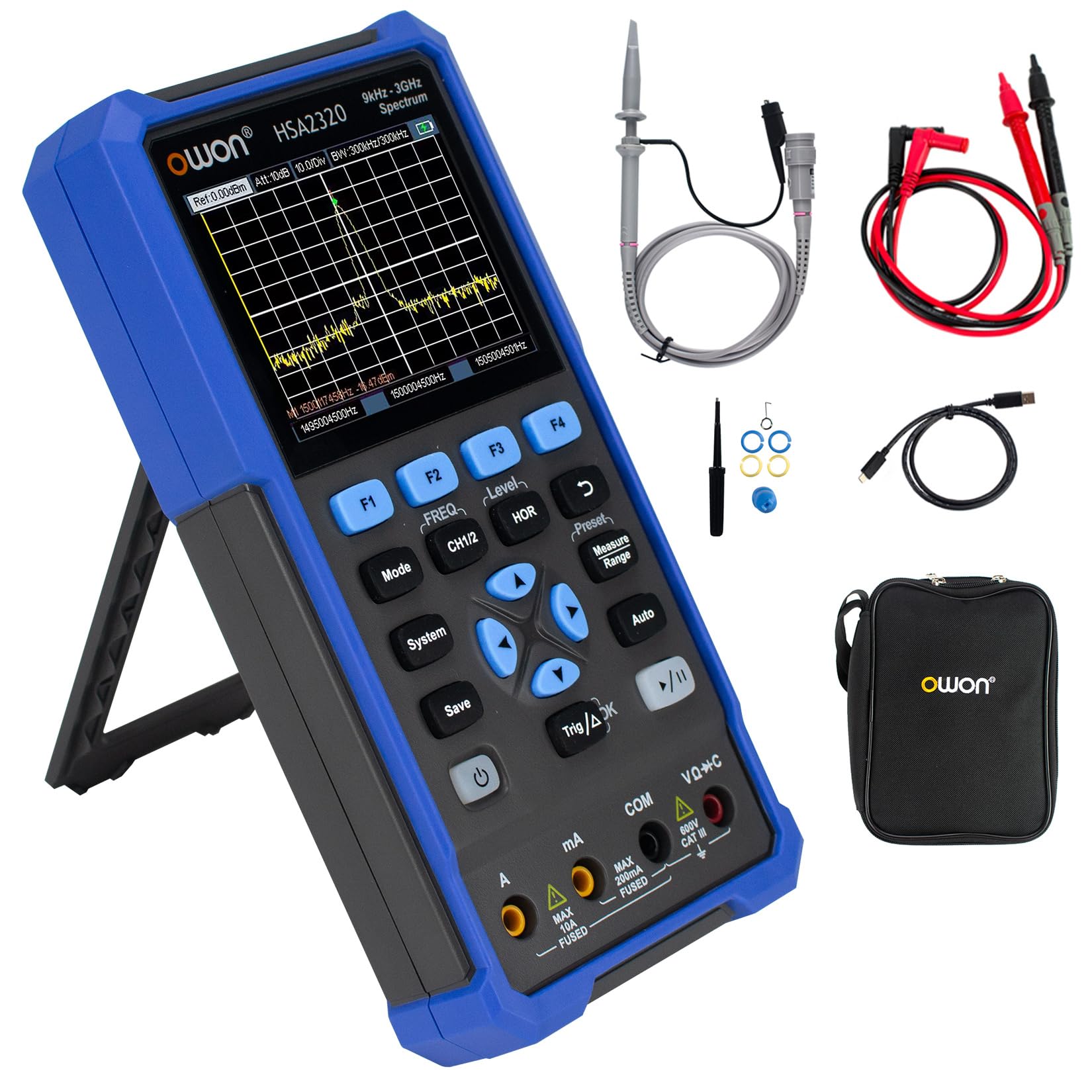 OWON Handheld-Spektrumanalysator mit Oszilloskop und Multimetern, Frequenzbereich 9 kHz bis 3 GHz, mit 3,5-Zoll-LCD-Bildschirmanzeige, 200 MHz Bandbreite, HSA2320