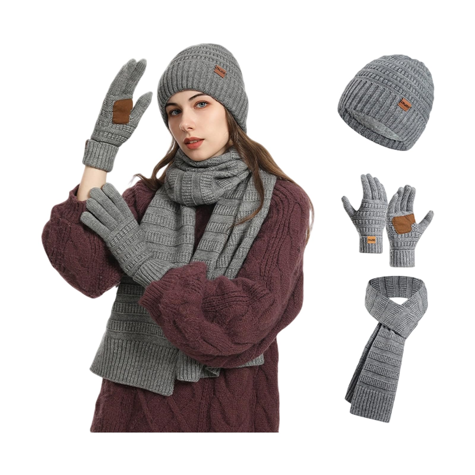Set di guanti invernali per adulti e bambini, in fibra acrilica, antivento, protezione dal freddo, copricapo, sciarpa per il collo, per esterni, set invernale in acrilico morbido