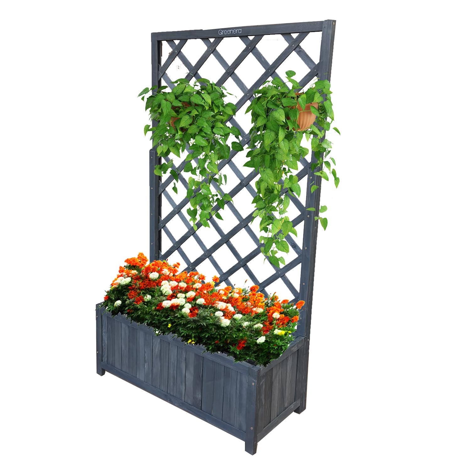 Vivo Technologies Large Rectangular Wooden Planter with Liner and Lattice Trellis Panels for Climbing Plants, 70x30x135cm Flower Plant Pot Box for Garden Patio, Grey — image 1