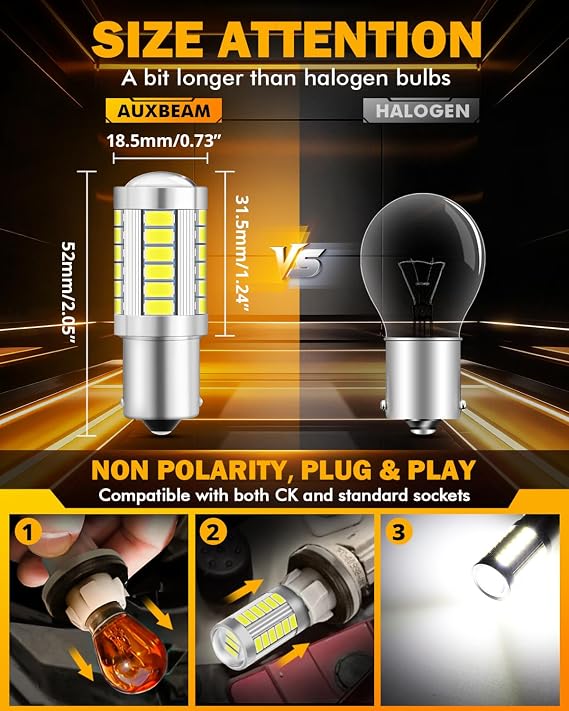 Auxbeam 1156 Led Bulb, Super Bright 6500K White P21W BA15S Bulbs for Backup Reverse Light, 12V-3030 SMD Chipsets Bulb with Projector, Pack of 2 (Need Resistors)