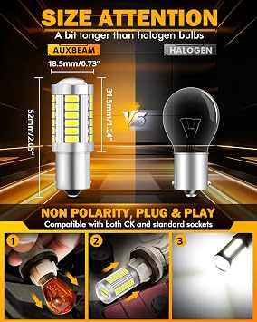 Auxbeam 1156 Led Bulb, Super Bright 6500K White P21W BA15S Bulbs for Backup Reverse Light, 12V-3030 SMD Chipsets Bulb with Projector, Pack of 2 (Need Resistors)