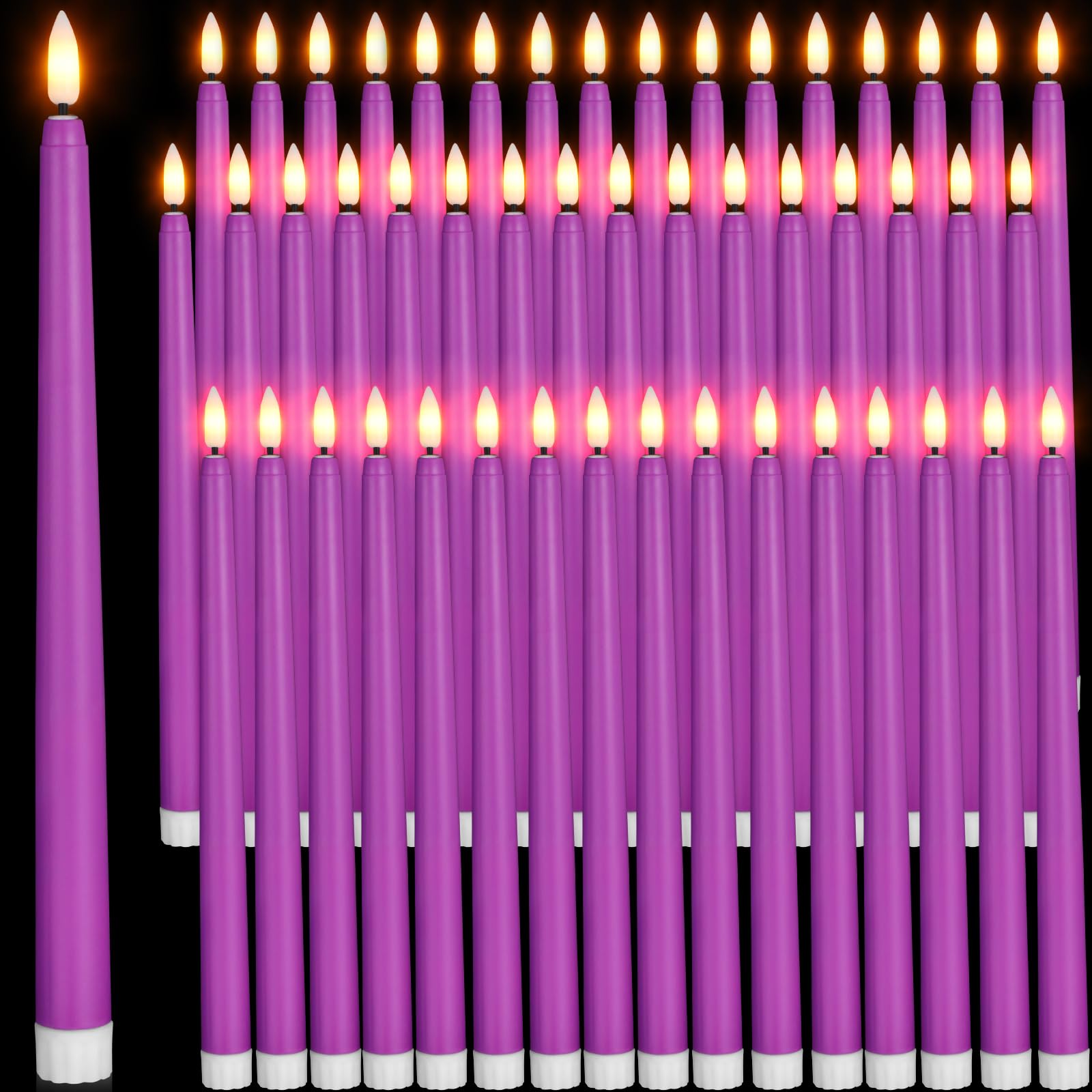 Handepo 48 Pack Flameless Taper Candles Realistic with Yellow Flickering Candlelights Plastic 11 Inch Last Long Battery Operated Window Candlestick for Halloween Christmas (Purple)